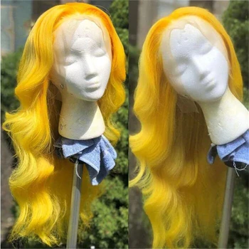 Soft Glueless 26 инча дълго жълто тяло вълна 180 плътност дантела предна перука за африкански жени бебешка коса Preplucked Daily
