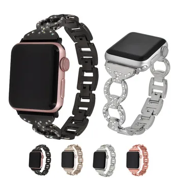  Висококачествена диамантена каишка за Apple Watch 6 SE / 5 / 4 / 3 38 40 41MM / 42 44 45MM пресичат дамски бижута метал черен маншет