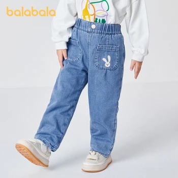 Balabala Малко дете момиче дънки есен и зима кадифе удобни сладък сладък случайни панталони