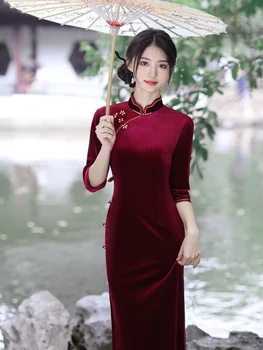 Yourqipao есен черен твърдо злато кадифе Cheongsam ретро мода елегантен Qipao китайски традиционен стил вечерна рокля за жени