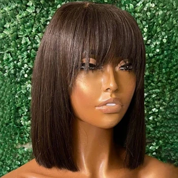 Straight Bob Human Hair Wigs With Bangs 12 инча Glueless Wig Full Machine Made Wigs Бразилски Remy Human Hair Bob Wigs For Woman