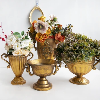 Gold Binaural ваза ретро ковано желязо цвете европейски стил римска колона цвете подреждане десктоп декорация на дома орнаменти