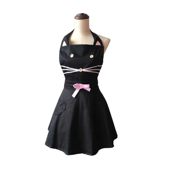 карикатура котка сладък черна жена кухня престилка памук сервитьорка салон фризьор готвене престилка рокля Avental де Cozinha Divertido