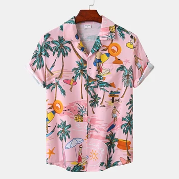 Хавайска мъжка риза плаж кокосово дърво печат къс ръкав мъжки дрехи мода ревера бутон топ тениска 2023 нова риза за мъже