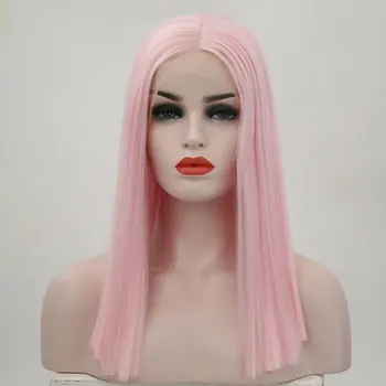 Bombshell розова къса права коса перука синтетична 13X4 дантела предни перуки високо качество топлоустойчиви влакна средата раздяла за жени