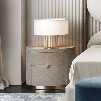 Светло луксозно овално нощно шкафче кожено изкуство проста модерна спалня мраморно шкафче