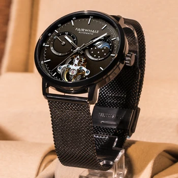 FAIRWHALE Мъжки автоматичен часовник Водоустойчив лунна фаза скелет стомана Watchband Луксозен Tourbillon WristWatch reloj hombre