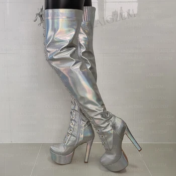 LAIGZEM жените бедрото високи ботуши платформа холографски пълен цип нагоре дебели високи токчета ботуши дамски обувки жена плюс размер 37 43 45 48