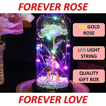LED Вечният розов златен лист и звярът Ден на майката цвете купол низ светлина в стъклен капак за рожден ден подарък