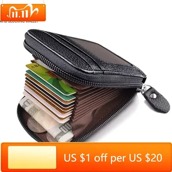 Мъжки портфейл истински PU кожа притежател на кредитна карта RFID блокиране цип джоб мъже чанта Multi-карта цип