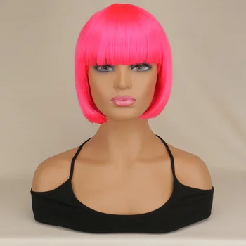 Short Bob Straight Cosplay Party Costume Rose Pink 40 см синтетични перуки за коса