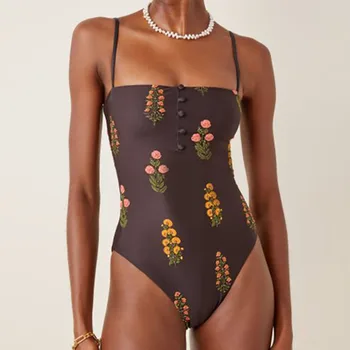 2023 Мода дамски бански едно парче квадратно деколте отслабване боди отпечатани бродирани плаж бански костюм