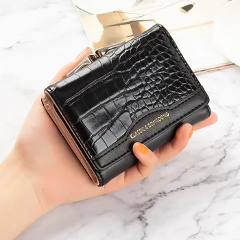 Кожен дамски портфейл женски къс ретро трикратен сгъваем студент версия проста мулти карта крокодил модел монета чанта 지갑