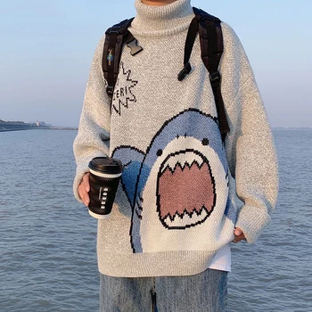 Мъже акула поло пуловер плета пуловери Y2k 2023 зимни Patchwor Harajuku корейски стил жените извънгабаритни високо врата пуловер