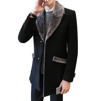 Fur Collar Trench Coat Men Wool Blend Winter Coat Slim Fit Men Manteau Homme Mid-Long Black Grey Mens Trench Coat Blue M ~ 5XL