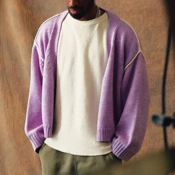 Реколта мъжки трикотаж върховете модерен и гъвкав жилетка пуловер случайни тенденция хлабав лилаво яке мъжки