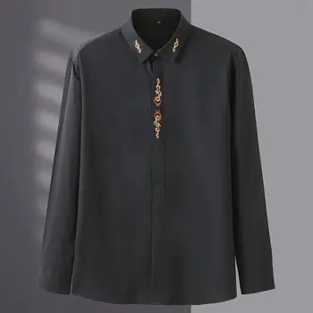 Пролет Есен Нов плътен цвят мода бродирана риза Man High Street Casual Button дълъг ръкав жилетка Англия офис върховете