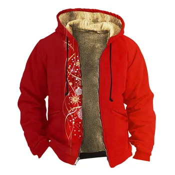 Коледа печатни мъже палто зимни топли якета руно цип качулки мода качулка пуловери мъжки сгъстяване палто връхни дрехи