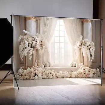 ЛУНА. QG фон сватба завеси цветя прозорец булчински душ снимка фон мрамор стълб завеса диван декор стрелба подпори