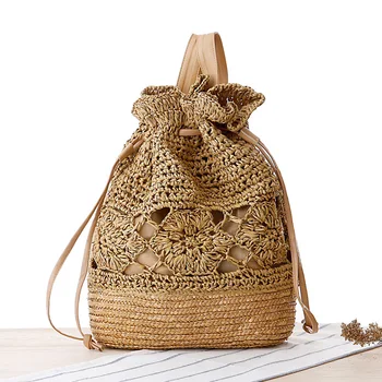 Ръчно изработени дамски раници лятна слама плажна чанта тъкани кухи шнур рамо чанти бохемски трикотажни мода женски раници