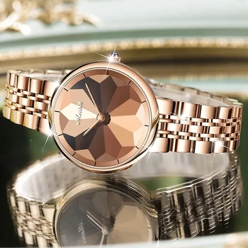 Дамски часовници Луксозна мода Диамантено огледало Кварцови ръчни часовници Популярни дама водоустойчива стоманена лента Разкошен Reloj Para Mujer