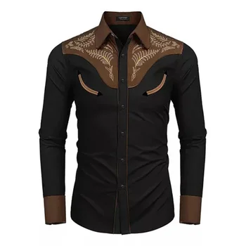 Outwear риза бутон надолу случайни ревера дълъг ръкав печат ретро ризи върховете реколта за мъже мода високо качество