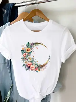 Flower Moon Trend Style 90-те жени дама печат къс ръкав облекло мода карикатура тениски Tee случайни графични T Топ тениска