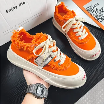 2023 Модни оранжеви обувки от платно Мъжки ежедневни обувки на платформа Дизайнерски мъжки маратонки от платно Улични вулканизирани обувки Мъже сапатили