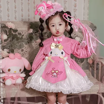 Розов сладък санрио Моята мелодия Лолита момиче рокля костюм Детска мрежеста пола Нова Kawaii парти сценични костюми за детски рожден ден