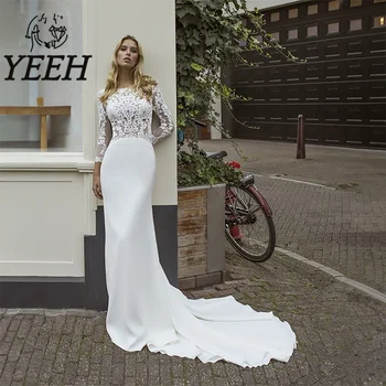 YEEH Сватбена рокля Елегантна илюзия дантела апликации булчински рокля дълги ръкави гръб съд влак Vestido де Noiva за булка