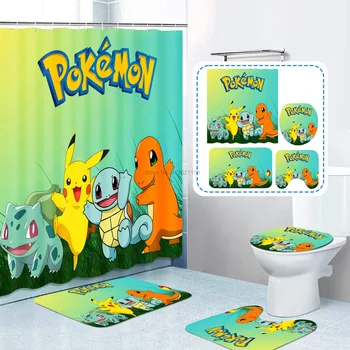 Pikachu Pokemon аниме 3D печат душ завеса комплект душ завеса вана завеси комплект баня мат тоалетна домашен декор деца GIfts