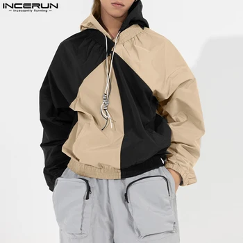корейски стил нови мъже мода 2Color пачуърк шнур пуловер случайни TechWear качулка пуловер качулки S-5XL INCERUN върховете 2023