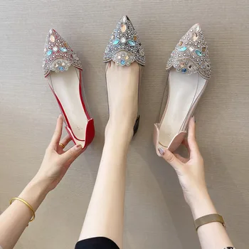 Заострени пръсти прозрачни сандали Дамски летни обувки от кристал за жени 2023 Нови плитки уста кристални плоски обувки Zapatos Mujer