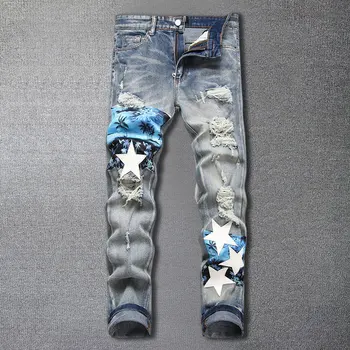 Star Pattern Stitching Skinny Slim Fit Jeans Party Casual Trousers Pantalones 2023 High Street Washed Painted Jean Men Streetwear
