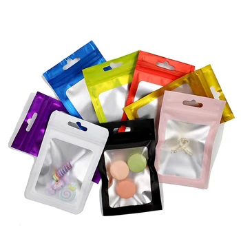 100Pcs ясно пластмасови цветни матови алуминиево фолио Zip заключване чанта с висящи дупка сълза Notch Resealable храна Снек чай торбички