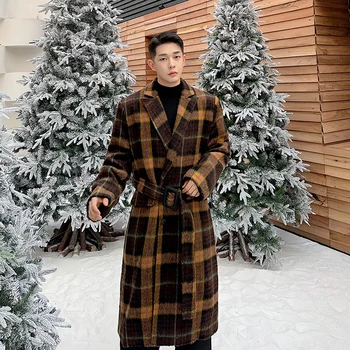 SYUHGFA Корейски ревера вълнено яке мъжки хлабав дълго палто 2024 есен зима реколта каре удебеляване върховете мода мъжко облекло