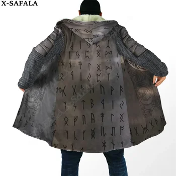 Татуировка символ Viking броня палто палто 3D печат дебела топла качулка наметало мъже ветроупорен руно унисекс случайни-6