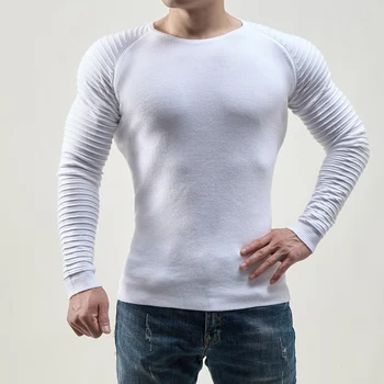 Мъжки трикотаж плътен цвят екипажа врата пуловер фитнес ризи дълъг ръкав размери M 3XL разнообразни цветове на разположение