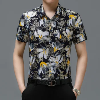 Реколта златен печат печатни ризи Мъже Висококачествени къси ръкави случайни тънък риза Streetwear социално парти Tuxedo блуза 2023