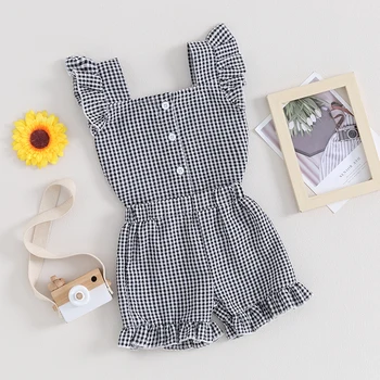 бебе момиче дрехи кариран бутон надолу волан без ръкави потник ластик шорти комплект сладък лято облекло