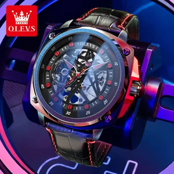 OLEVS 6682 Спортен механичен часовник от естествена кожа Лента за часовник Кръгъл циферблат