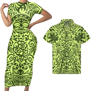 HYCOOL Слънце татуировки печат полинезийски племенни дрехи къс ръкав изумрудено зелена рокля офис облекло жени двойка съвпадение екипировки