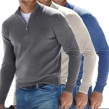 Есен Зима Мъже V-образно деколте руно цип дълъг ръкав пуловери мода хип-хоп Поло Топ поло риза пуловери