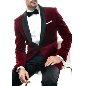 Мъжки костюми Blazer Hombre яке сватба бордо палто черен шал ревера панталони две части тънък годни мода луксозни екипировки Terno