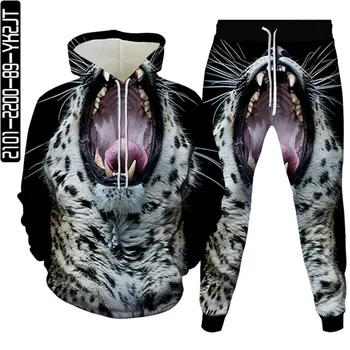 Пролет Есен Нови мъжки 3D печат животински леопард 2бр анцуг жени плюс размер S-6XL облекло качулка и панталони Sportweat комплект
