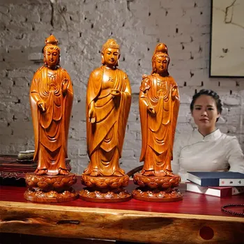 A КОМПЛЕКТ 3БР Голям ДОБЪР ДОМ Духовен ефикасен талисман Стоящ Гуанин Авалокитешвара Буда Ръчно изработена статуя от дърворезба от палисандрово дърво