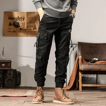 2023 Мъжки ежедневни панталони Памук Свободни спортни панталони Мода Проста Обвързващи крака Открит хип поп Streetwear Карго панталони Джогър Мъже