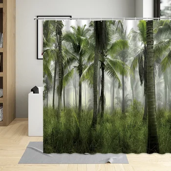 зелени растения природа баня завеси плаж кокосово дърво душ завеса водоустойчив полиестерна вана декор екран с куки
