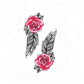 Татуировка стикер перо листа червена роза цвете временно водоустойчив флаш грим ръка ръка врата фалшив фалшив боди арт за мъже жени