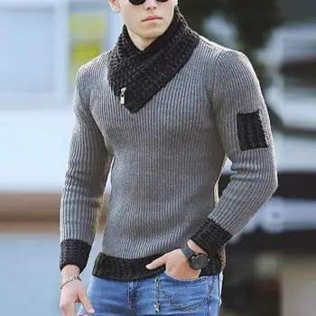 Дълъг ръкав шал яка цвят блок пуловер есен/зима случайни тънък плета пуловер Harajuku пуловер мъжки дрехи